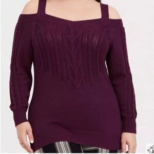 Torrid Burgundy Purple Cable Knit Open Shoulder Tunic Sweater